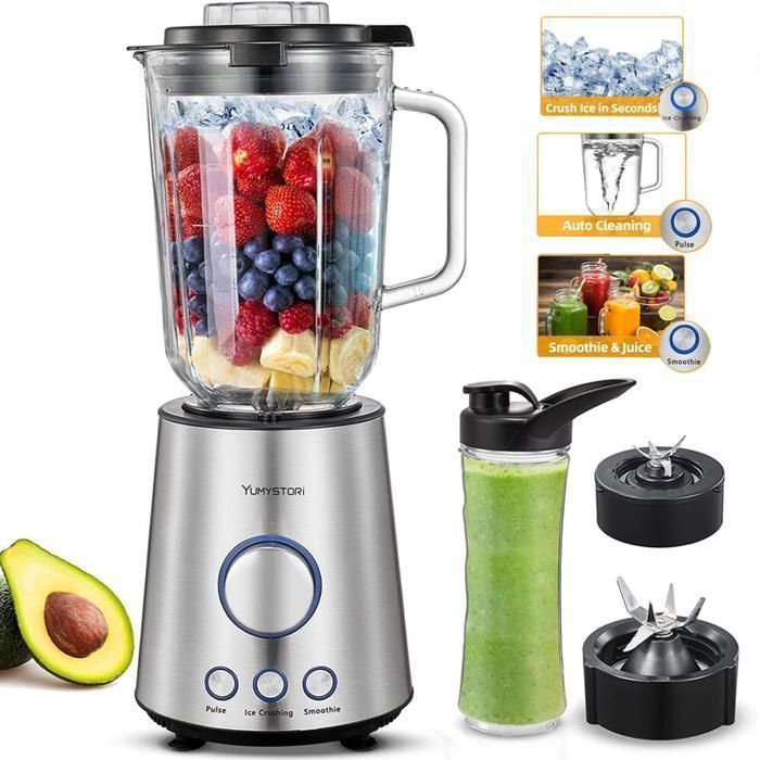 Mixeur Blender - Inoxydable - 2000W - 1,5L - 3 Programmes - Bouteille 600ml sans BPA