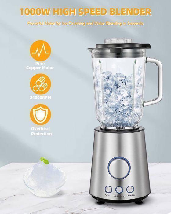 Blender mixeur ¨¦lectrique - Maximale 2000W - Capacit¨¦ 1,5L - 24000 tr/min - Bouteille ¨¤ emporter - PULSE, GLACE BROY¨¦E et SMOOTHIE