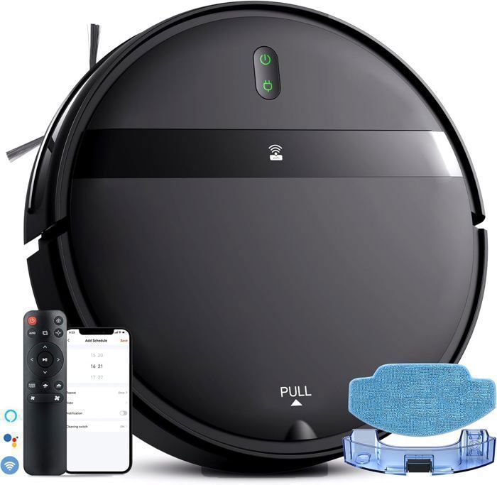 Aspirateur Robot Laveur, Aspiration et lavage 2 en 1, 3500Pa Max/4 modes/100Minu, R¨¦servoir d'eau 230ml , Port¨¦e 110©O, Capteur 360¡ã