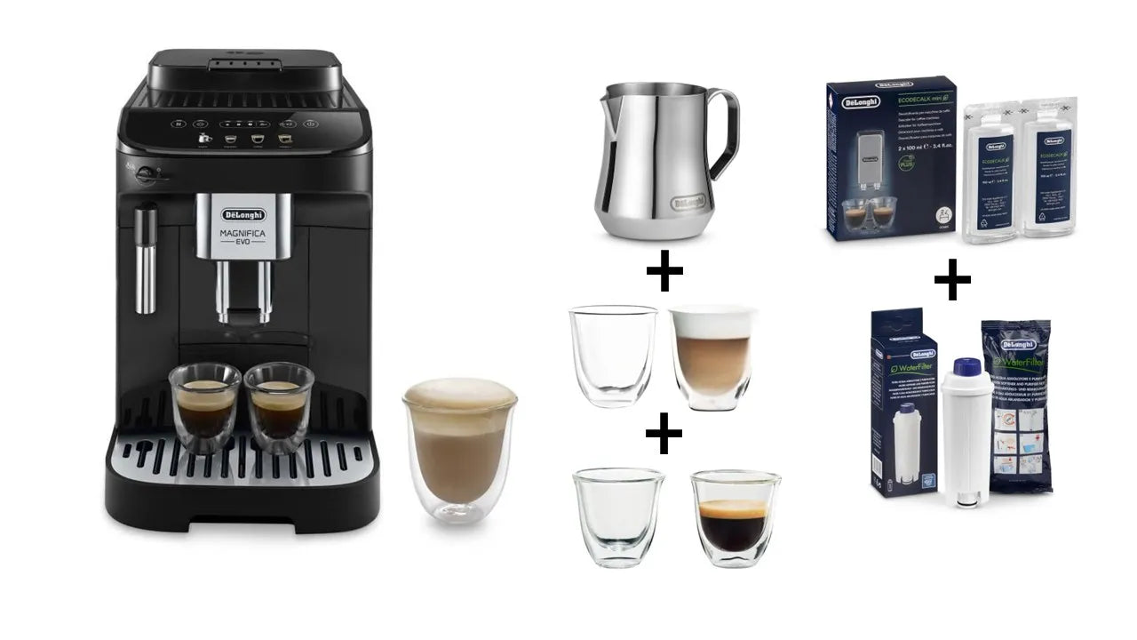 DELONGHI Machine à café avec broyeur - Magnifica Evo - 1,8L + 2 tasses + 2 verres + Pichet à lait + Filtre à eau + Détartrant