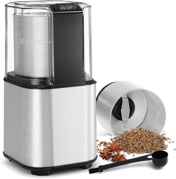 Moulin ¨¤ Caf¨¦ ¨¦lectrique - QEXREED - 150W - 60g - Bol Inox Amovible - Polyvalent (Grains/¨¦pices/Noix)