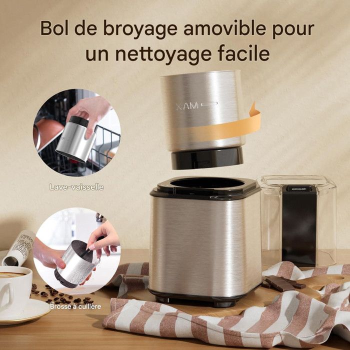 Moulin ¨¤ Caf¨¦ ¨¦lectrique - QEXREED - 150W - 60g - Bol Inox Amovible - Polyvalent (Grains/¨¦pices/Noix)
