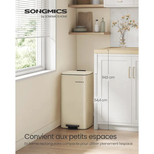 SONGMICS Poubelle de Cuisine 30 L, Poubelle à Pédale en Acier, avec Seau Intérieur, Fermeture Douce et Maintien en Ouverture, Beige