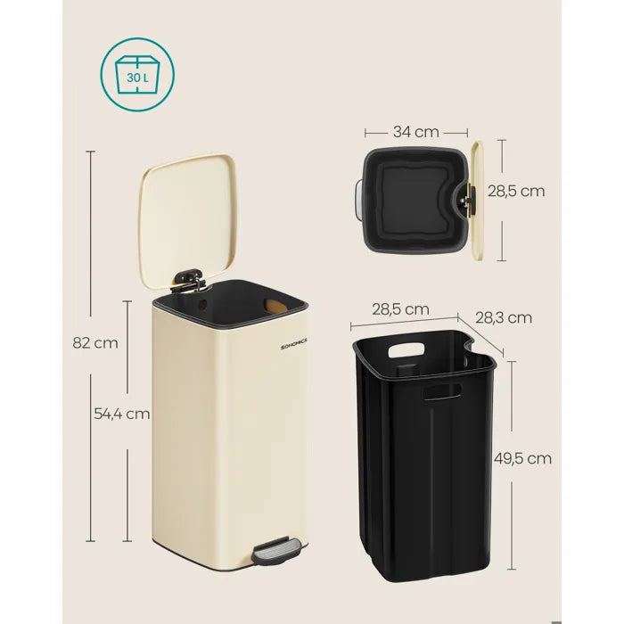 SONGMICS Poubelle de Cuisine 30 L, Poubelle à Pédale en Acier, avec Seau Intérieur, Fermeture Douce et Maintien en Ouverture, Beige