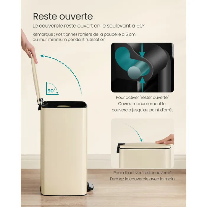 SONGMICS Poubelle de Cuisine 30 L, Poubelle à Pédale en Acier, avec Seau Intérieur, Fermeture Douce et Maintien en Ouverture, Beige
