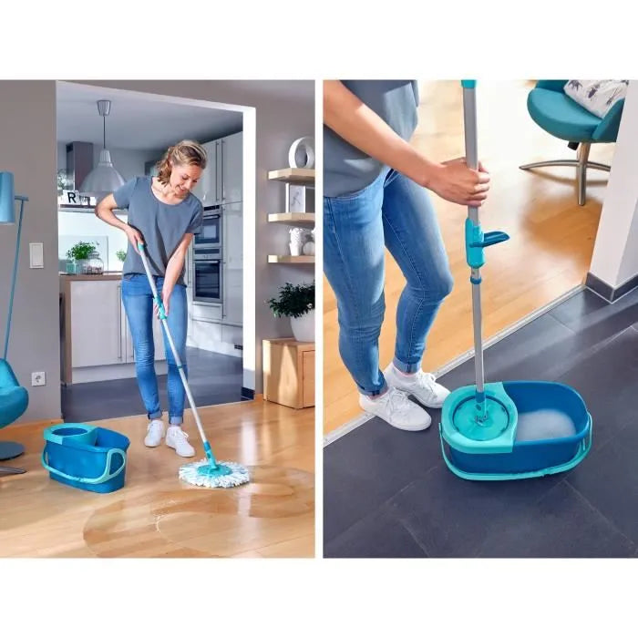 Set lave sol avec seau essoreur Leifheit Clean Twist Disc Mop 52101, balais serpillière à franges avec manche télescopique, seau 6 L